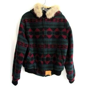 W Kina by PIG Red Aztec Fur Trim Hood Lined Wool Blend Vintage Jacket Size M EUC